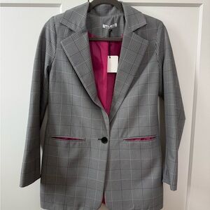Gray Plaid Women's Blazer with Pink Lining